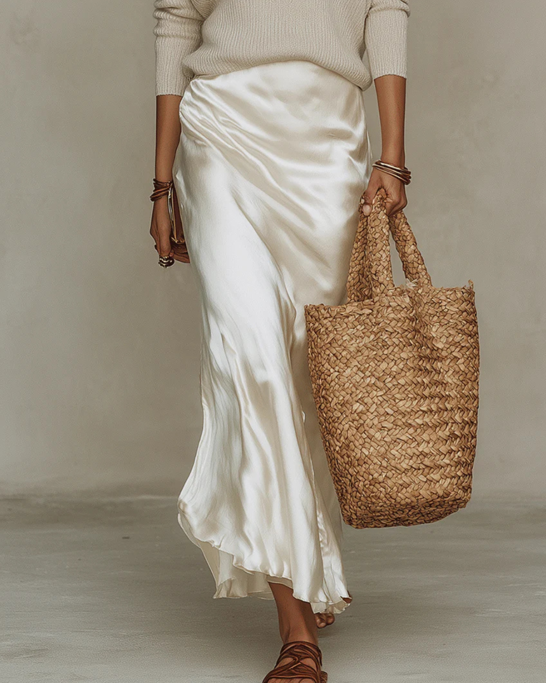 Zbliżenie na jasny sweter, białą sukienkę midi i plecioną torbę