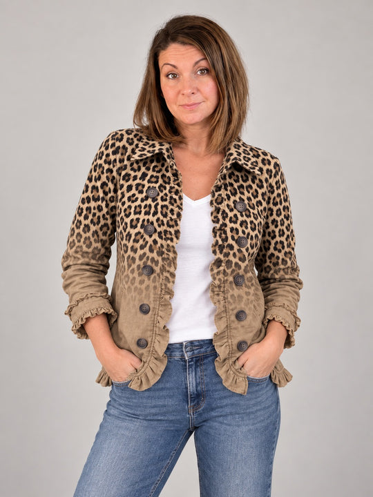 Modelka prezentuje Corinne | Kurtka vintage w panterkę z gradientem i falbanami