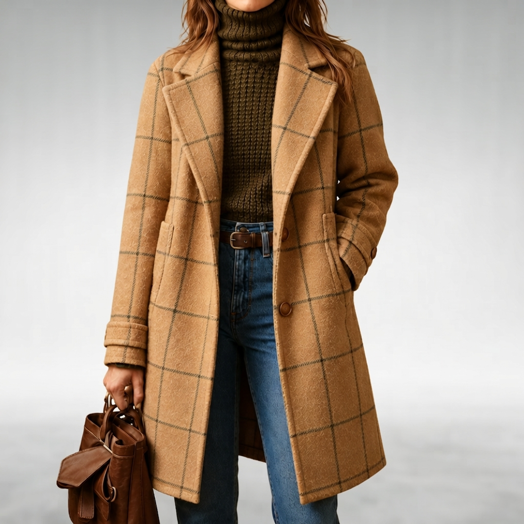 Modelka w beżowym płaszczu w ciemną kratę, golfie, jeansach i z brązową torbą