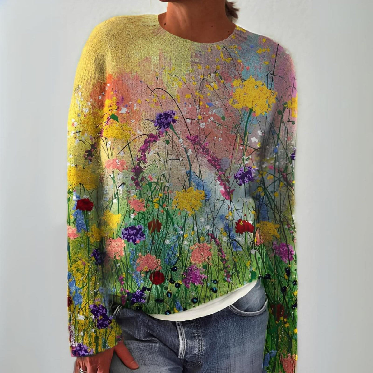 Chic Bloom – sweter z motywem słonecznym patchwork