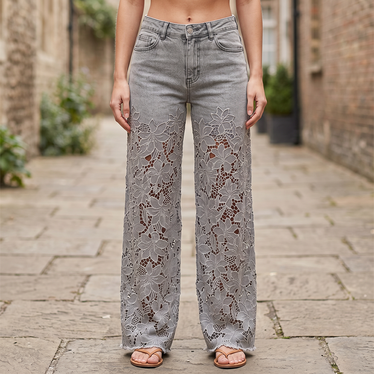 ALDERSLEY Jeans Patchwork z Panelami z Koronki