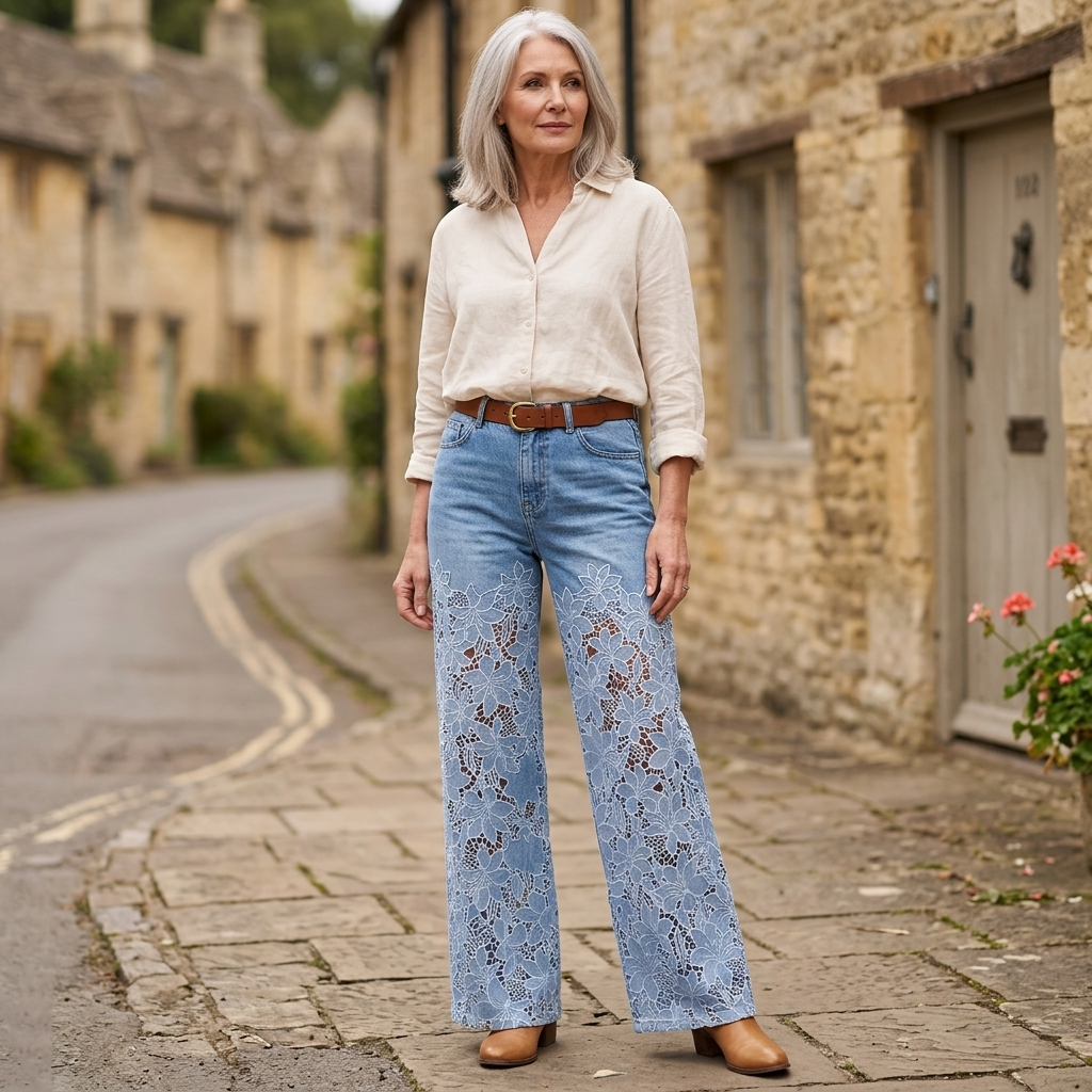 ALDERSLEY Jeans Patchwork z Panelami z Koronki