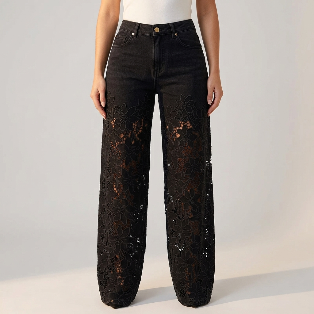ALDERSLEY Jeans Patchwork z Panelami z Koronki