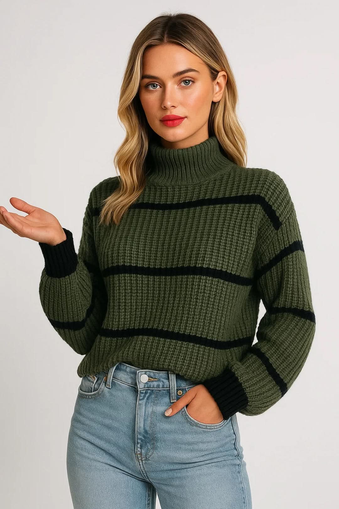 SERELLE sweter w pasy ze stójką