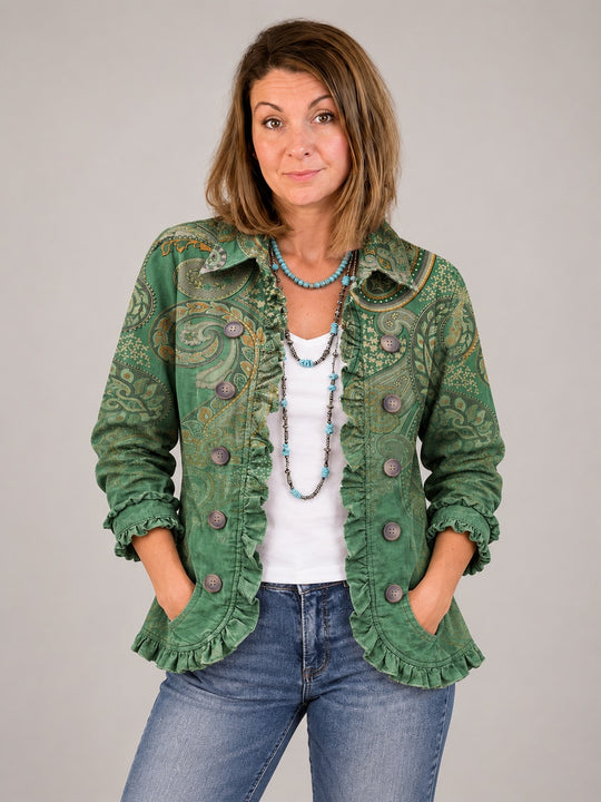 Modelka prezentuje Colette | Plisowana kurtka boho we wzór paisley