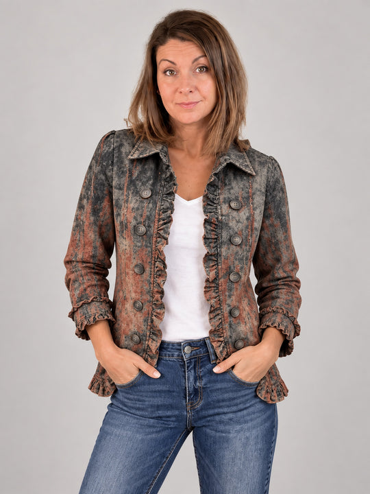 Modelka prezentuje Jeannette | Kurtka vintage z teksturowanym gradientem i falbanami