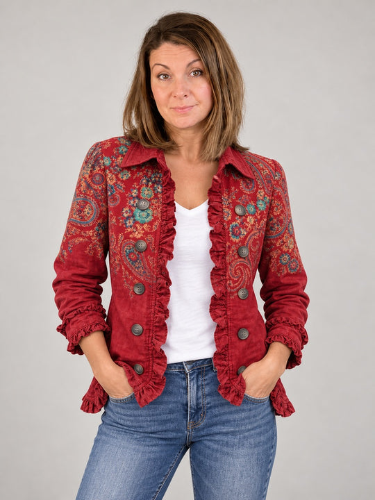 Modelka prezentuje Sylvie | Kurtka boho we wzór paisley z falbanami
